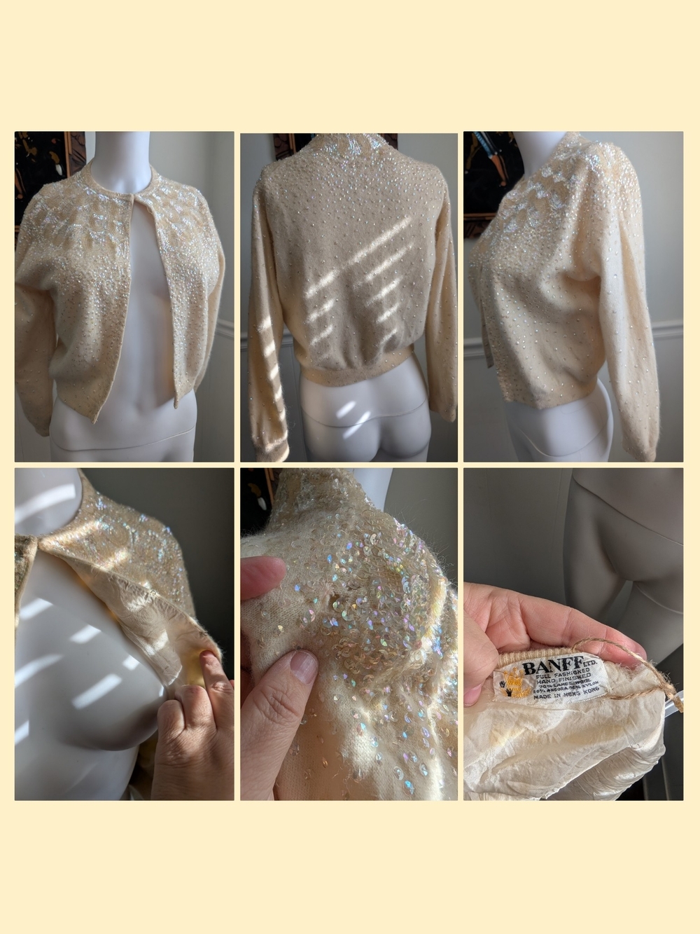 Vintage cream Sequin Women's Sweater (Hole/Missing Button)